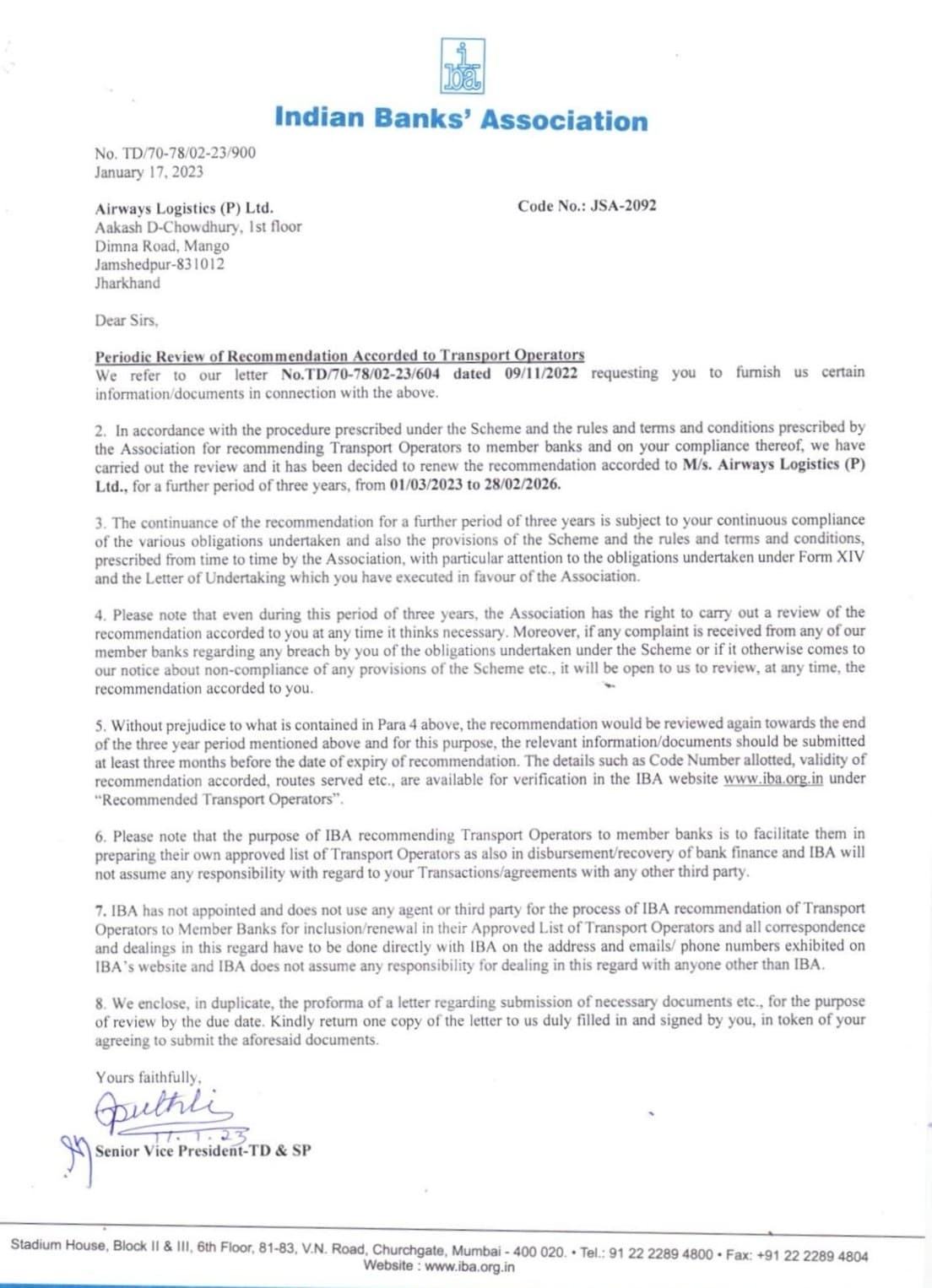 IBA Recommendation Letter