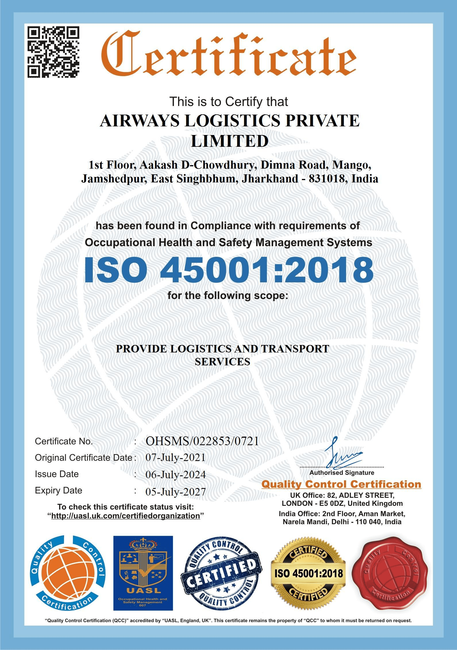ISO 45001:2018 Certificate